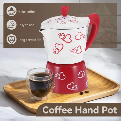 Vista 4 de HERCHR Red Heart - Olla de aluminio para moka, cafetera de café expreso con mango ergonómico antideslizante para verter sobre la cafetera