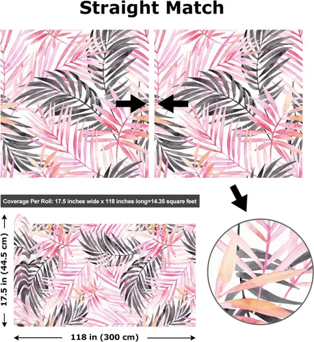 Vista 9 de Papel tapiz de hojas bohemias para despegar y pegar, papel de contacto extraíble de palmera rosa y negra para armarios, papel tapiz floral tropical