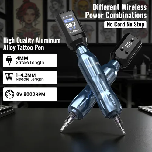 Vista 2 de Kit de tatuaje inalámbrico de agujero de gusano de 1,800 mAh, juego de iniciación de 91 piezas, baterías recargables duales, 20 agujas de cartucho
