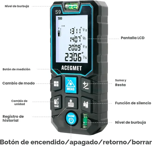 Vista 8 de Medición láser, herramienta de medición láser ACEGMET (229 pies/pulgadas/M) LCD retroiluminado con función de silencio medición de distancia láser