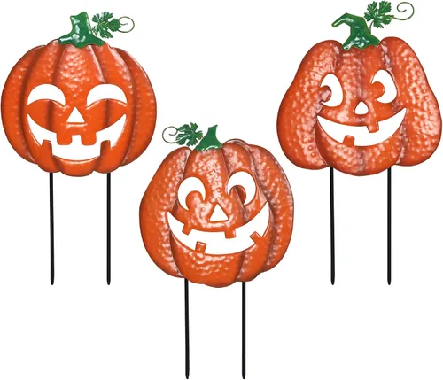 Vista 8 de Juegoal Paquete de 3 estacas de jardín de calabaza iluminadas de Halloween, decoración de metal para exteriores, letreros de patio de Halloween
