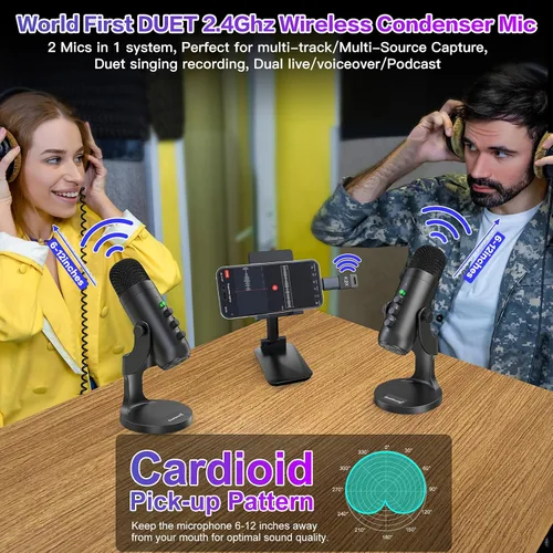 Vista 4 de ZealSound Micrófono de podcast, paquete de equipo de podcast para iPhone, PC, iPad Android, micrófono USB inalámbrico dual de 2.4 GHz con reducción