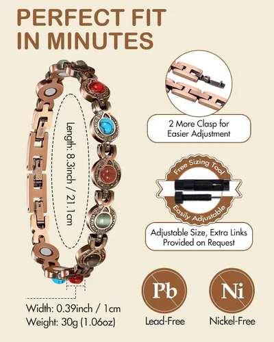 Vista 6 de Feraco Pulseras de Cobre Puro para Mujeres, Pulsera Magnética de Ultra Fuerza con Imanes de 3800 Gauss y Turquesa Natural y Piedras, Ajustable