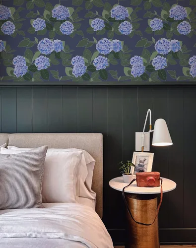 Vista 4 de Papel tapiz floral despegar y pegar autoadhesivo de hortensias, papel de pared estilo campo francés color crema, papel tapiz adhesivo
