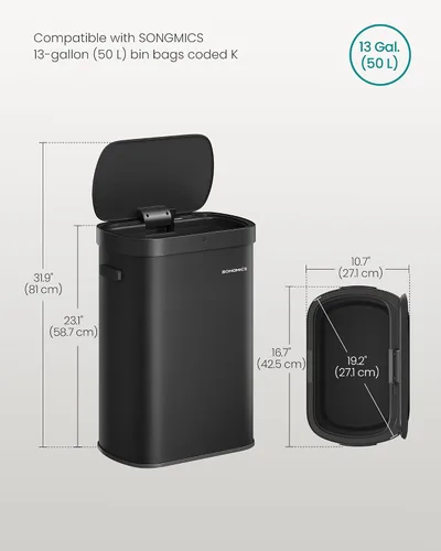 Vista 7 de SONGMICS Bote de basura automático con sensor de movimiento, 13 galones (50 L) con tapa de cierre suave, acero inoxidable, onda o táctil para abrir