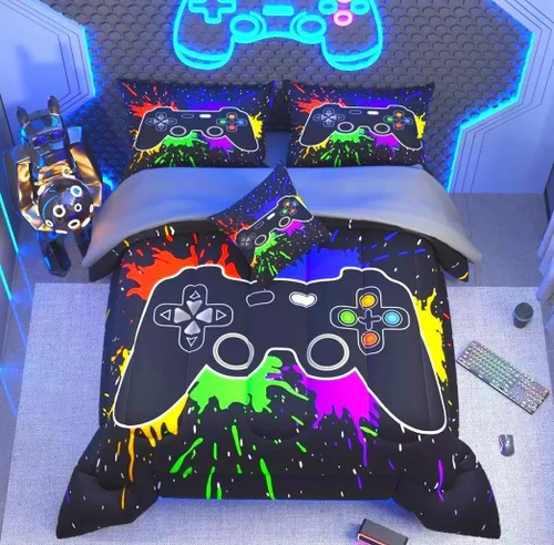 Vista 14 de Juego de edredón de 6 piezas para videojugadores de temática negra, para niños, adolescentes y adultos, con edredón, sábana encimera, sábana bajera
