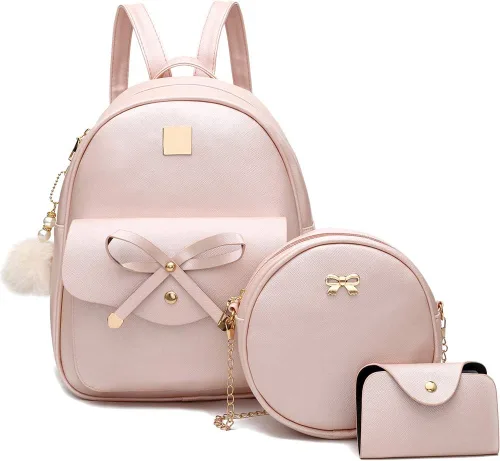 Vista 13 de I IHAYNER Mochila de cuero de moda de 3 piezas con lazo para niñas, mochila, bolso para mujer, mochila para damas, bolsa de hombro Beige
