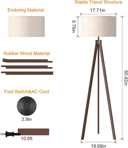 Vista 6 de Lámpara de pie de trípode LEPOWER, lámpara de pie de mediados de siglo Light-Diffusing Linen Shade, Premium Rubberwood Tripod with E26 Base