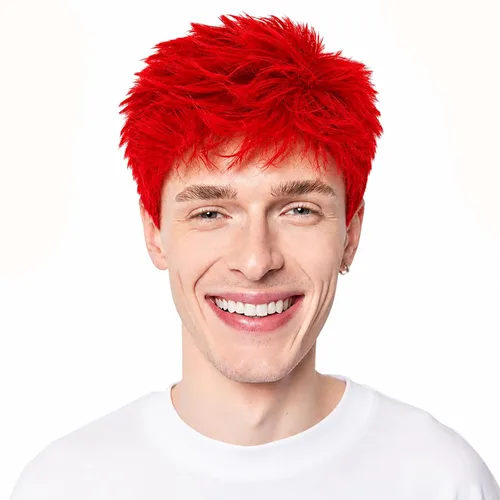 Vista 6 de Peluca roja para hombre, corta, recta, roja, en capas, resistente al calor, reemplazo de pelo sintético Rojo