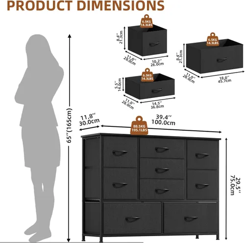 Vista 3 de Somdot Cómoda de 9 cajones para dormitorio, cómoda de tela ancha Negro