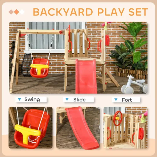 Vista 2 de Outsunny Juego de columpios para patio trasero, juego de madera para exteriores con asiento de columpio para bebé, tobogán para niños, fuerte, Rojo