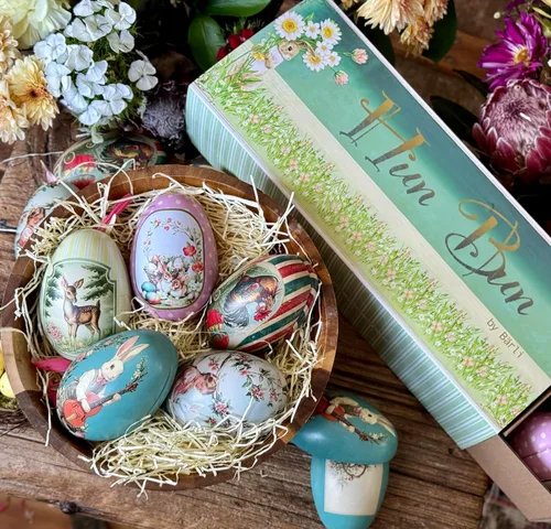 Vista 4 de Bärli - Juego de 10 huevos de Pascua de lata vintage, reutilizables, de metal