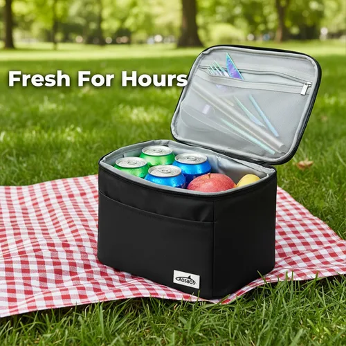 Vista 5 de Aosbos - Lonchera térmica negra para mujeres y hombres, pequeña bolsa térmica Se adapta a 6 latas de soda, 100% a prueba de fugas, diseño térmico