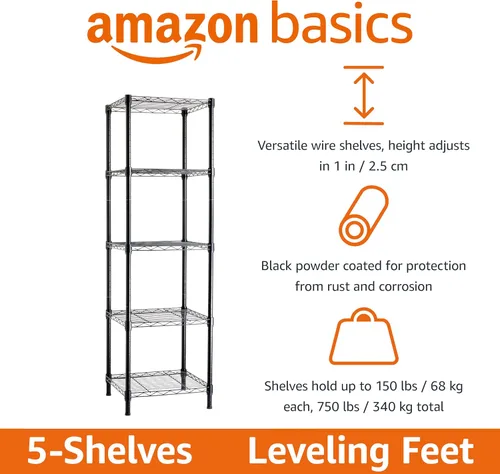 Vista 4 de [Usado] Amazon Basics Estantería de almacenamiento ajustable con 5 estantes para garaje, acero resistente al óxido, 150 libras por estante, 16 Negro