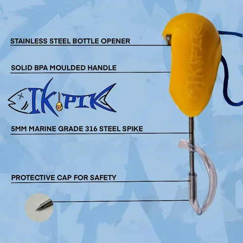 Vista 5 de Ice Pick - Estaca de acero inoxidable con cubierta protectora sin BPA. Agarre de plástico y abridor de botellas. (canario)