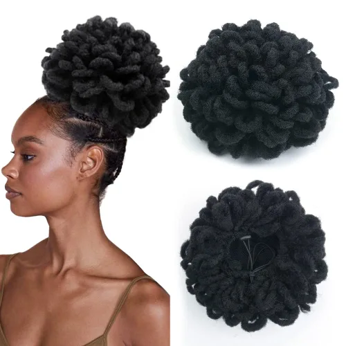 Vista 11 de Moños de Cola de Caballo con Cordón Negro Marrón Loc para Mujeres Negras Moño Rizado de Pétalo Loc Cola de Caballo de Rastas Trenzas Faux Locs Moño