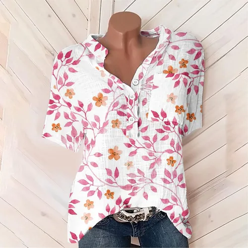 Vista 4 de Blusas de verano para mujer, cuello en V, ajuste holgado, cómodas, de algodón, lino, estampado floral, blusas a la moda 2023
