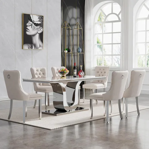 Vista 93 de Juego de 4 mesas de comedor blancas y doradas, mesa de cocina rectangular de 68 pulgadas con parte superior de mármol sintético blanco, mesa de Mesa