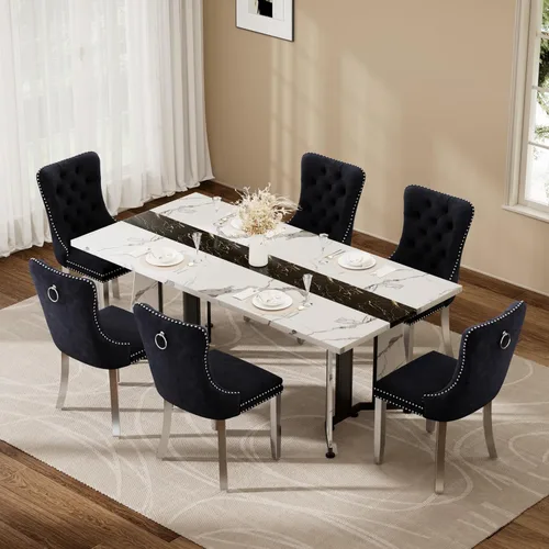 Vista 31 de Juego de mesa de comedor de 5 piezas con 4 sillas, mesa de comedor rectangular de madera de 71 pulgadas con sillas de comedor de terciopelo, tablero