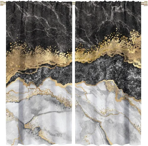 Vista 16 de Cortinas abstractas de mármol de lujo de lujo azul marino dorado a rayas con patrón de mármol estampado para dormitorio, sala de estar, cortinas