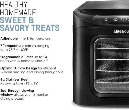Vista 4 de Elite Gourmet EFD-313B deshidratador de alimentos programable, deshidratador de alimentos, controles de temperatura ajustables, aperitivos
