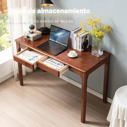 Vista 4 de Escritorio de madera maciza con cajones, escritorio de computadora pequeño para espacios pequeños, escritorios de estudio de juegos, oficina en casa