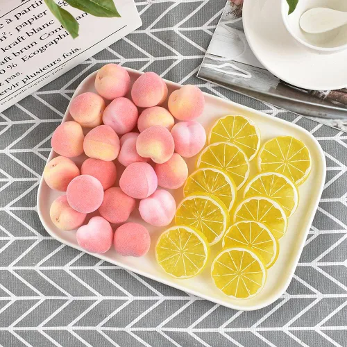 Vista 4 de Melocotón artificial, mini fruta falsa de simulación de melocotón rosa amarillo melocotón modelo de fruta falsa para el hogar, casa, cocina, fiesta