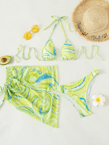 Vista 5 de MakeMeChic Conjunto de bikini con estampado completo para mujer, 3 paquetes y falda con cordón lateral