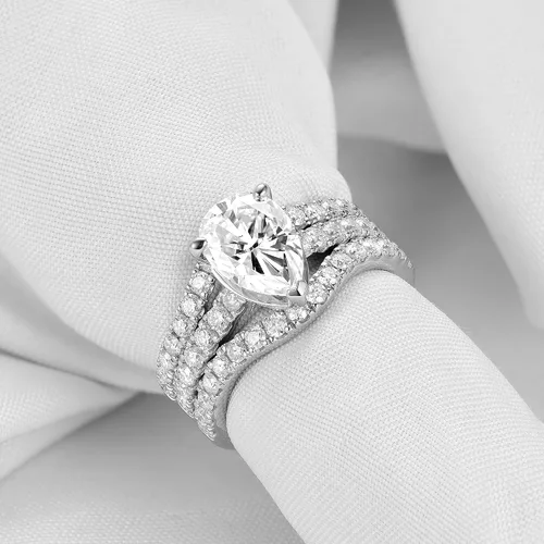 Vista 2 de DovEggs Center 3ct 7x10mm G-H-I Color Pear Cut Moissanite Hidden Halo Engagement Ring with accents 14k Gold Quality Silver Wedding Engagement Ring