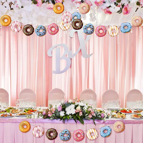 Vista 4 de Chinco 4 pancartas de dona para fiesta de cumpleaños, decoraciones de dona, suministros de fiesta, suministros de fiesta de remolino colgante, kit