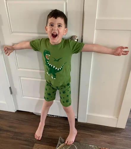 Vista 3 de Popshion Pijamas cortas de 2 piezas para niños pequeños, ropa de dormir de tiburón de tren, 100% algodón, pijamas de dinosaurio para niños pequeños
