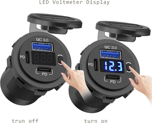 Vista 2 de Toma de corriente USB de 12 V, enchufe de cargador de coche USB C dual y puerto de carga rápida 3.0 con voltímetro e interruptor de alimentación