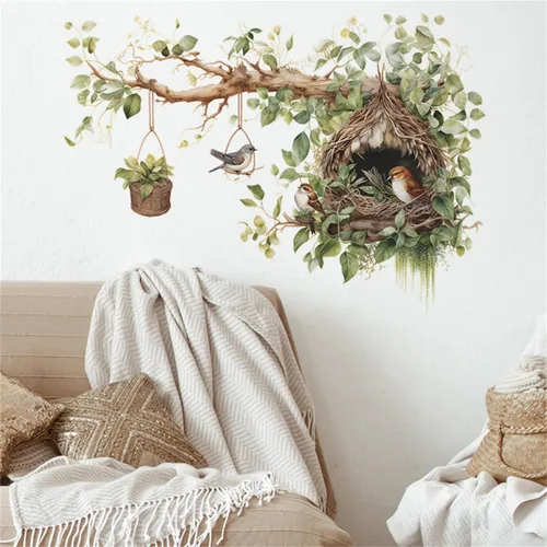 Vista 4 de Vinilo decorativo de nido de pájaro y rama de árbol, adhesivo decorativo de vinilo para pared de rama de árbol grande con diseño de cesta colgante