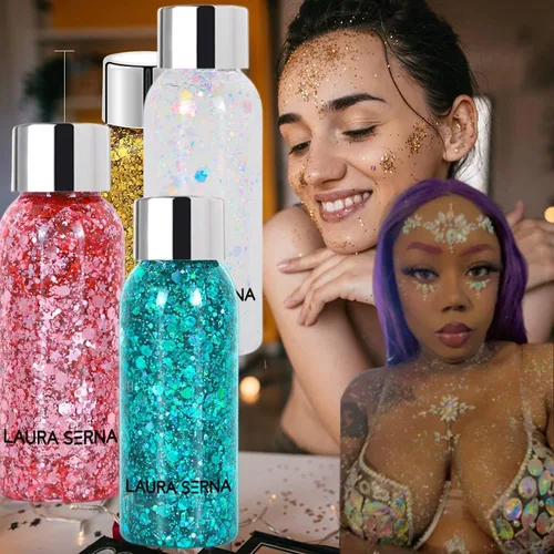 Vista 4 de Paquete de 9 unidades de gel de purpurina corporal, lentejuelas de sirena, purpurina gruesa, para el cabello, uñas, labios, loción brillante