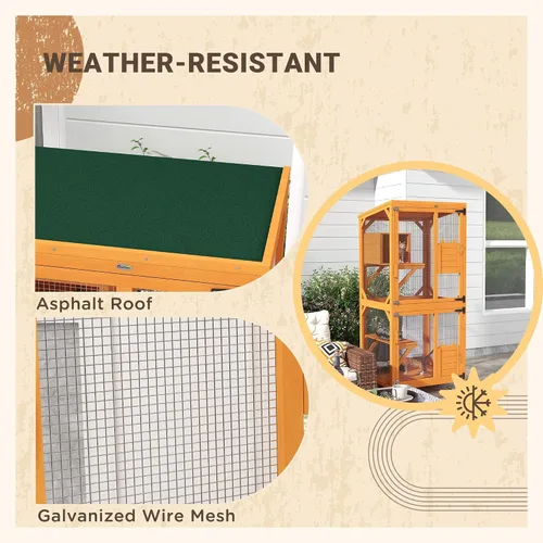 Vista 7 de Casa grande para gatos con caja de descanso alta, catio de madera de 71 pulgadas con techo de asfalto, recinto para gatos en interiores y exteriores
