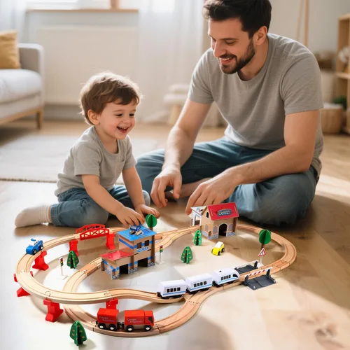 Vista 5 de Juego de tren eléctrico de madera para niños pequeños, 88 piezas de juguetes de vías de tren para 3, 4, 5 años, gran regalo de Navidad para niños