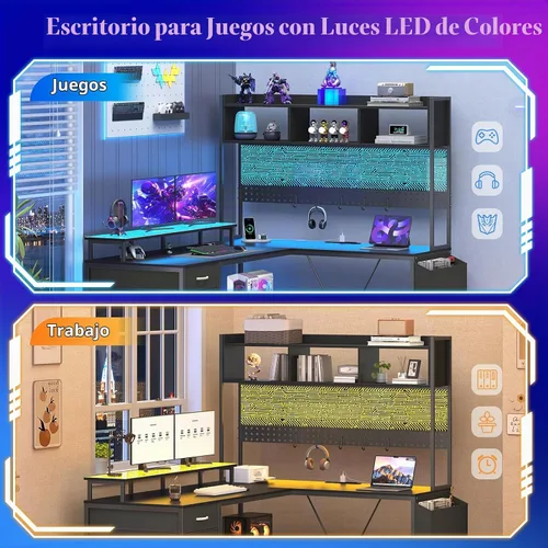 Vista 7 de Escritorio para juegos en forma de L con gabinete, escritorio de esquina reversible para computadora con cajones, escritorio para juegos con panel