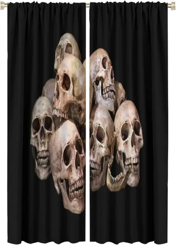 Vista 27 de Cortinas de cabeza de calavera, calavera blanca y rosas rojas con ramas y hojas negras, cortinas opacas decorativas para sala de estar, dormitorio
