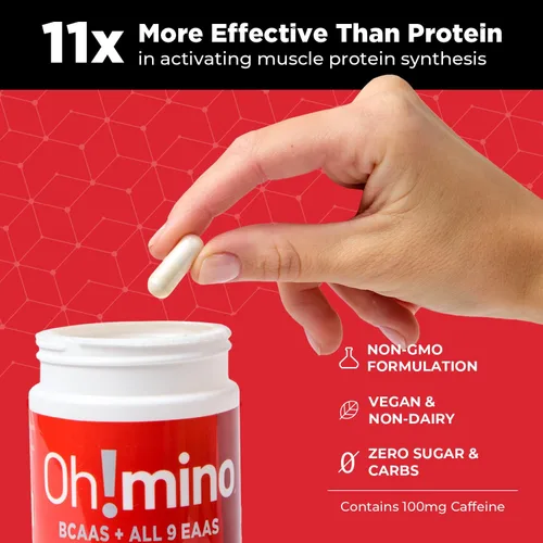 Vista 2 de Oh!mino Ohmino - Suplemento de aminoácidos esenciales, cápsulas con cafeína, los 9 EAA, BCAA, el aminoácido perfecto para entrenamientos, energía