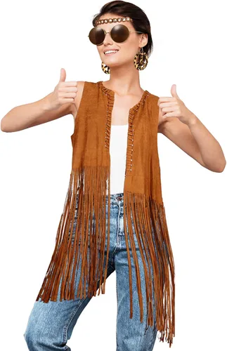 Vista 5 de Conjunto hippie de 4 piezas para mujer chaleco de pelo sintético con flequillos de ante