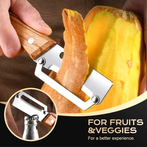 Vista 7 de Pelador de verduras multifuncional, hoja de acero inoxidable con mango de madera para frutas y verduras (1 unidad)