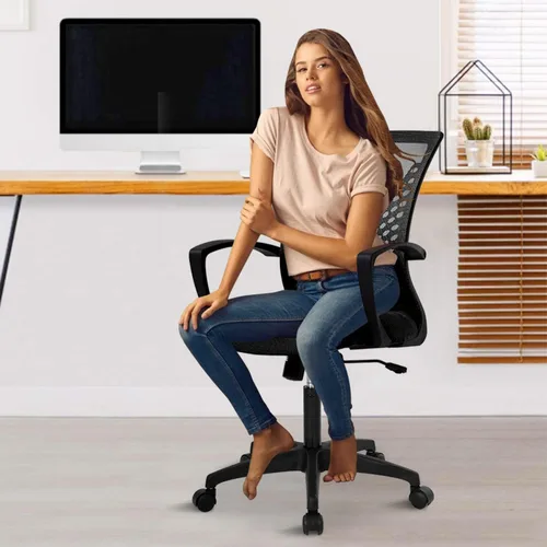 Vista 7 de Silla de oficina en casa, silla de escritorio ergonómica, respaldo medio, silla de computadora de PC con soporte lumbar y reposabrazos, silla