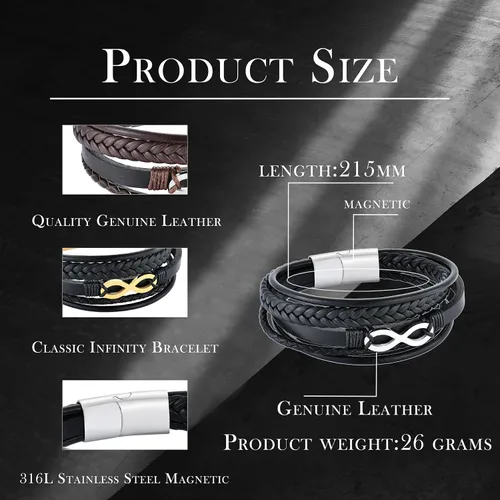 Vista 6 de Pulsera de cuero multicapa para hombre, 8.5 pulgadas, color negro o marrón, para hombre