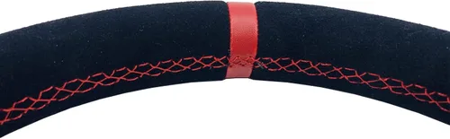 Vista 5 de Volante de carreras de 13"/325mm en forma de D, de piel de ante, con franja roja, estilo carrera, fondo plano, con costuras rojas y botón de bocina