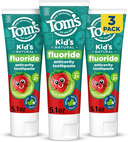 Vista 13 de Tom's of Maine Pasta dental natural sin flúor para niños, a partir de 2 años, Fresa Divertida, 5.1 oz. Paquete de 3 (de vuelta en fórmula original)