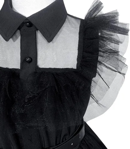 Vista 8 de Zalongye Disfraz de Wednesday addams para niñas, disfraz de la familia Addams, vestido de fiesta de Halloween con cinturón, 4-12 años