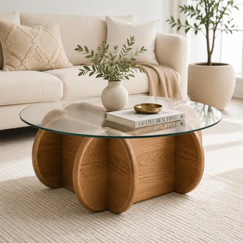 Vista 7 de Mesa de Centro con Tapa de Vidrio Negro, Mesa de Centro Redonda Moderna y Elegante con Patas de Madera Maciza y Superficie de Vidrio Templado