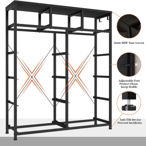 Vista 24 de Cómoda de almacenamiento de tela con 11 cajones para organización del dormitorio, cómoda con estantes profundos, bolsillos laterales y ganchos, Negro