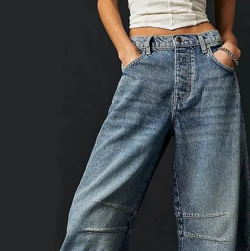 Vista 3 de Jeans de tiro medio para mujer, pierna ancha, cintura media, holgados, Y2K, estilo boyfriend, pantalones de mezclilla estilo harén, pantalones