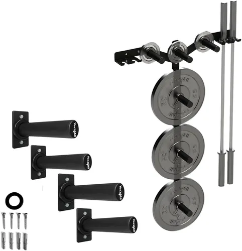 Vista 9 de Yes4All 6 clavijas y 4 estantes de almacenamiento de pesas que cargan hasta 1190 libras – soporte para árbol de pesas y barra montado en la pared